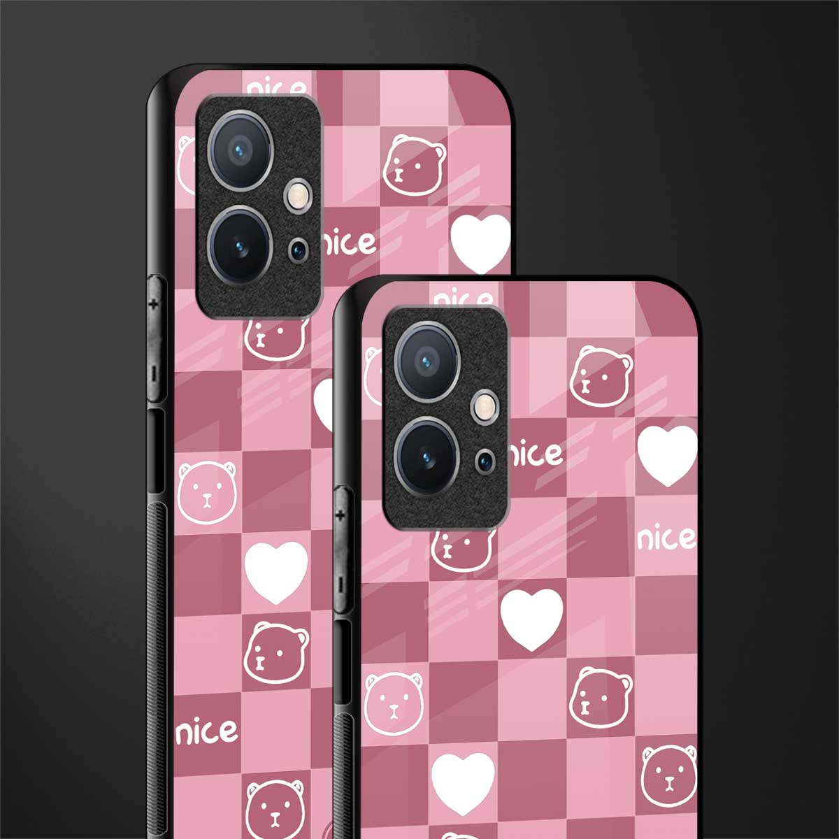 aesthetic bear pattern pink edition glass case for vivo t1 5g image-2