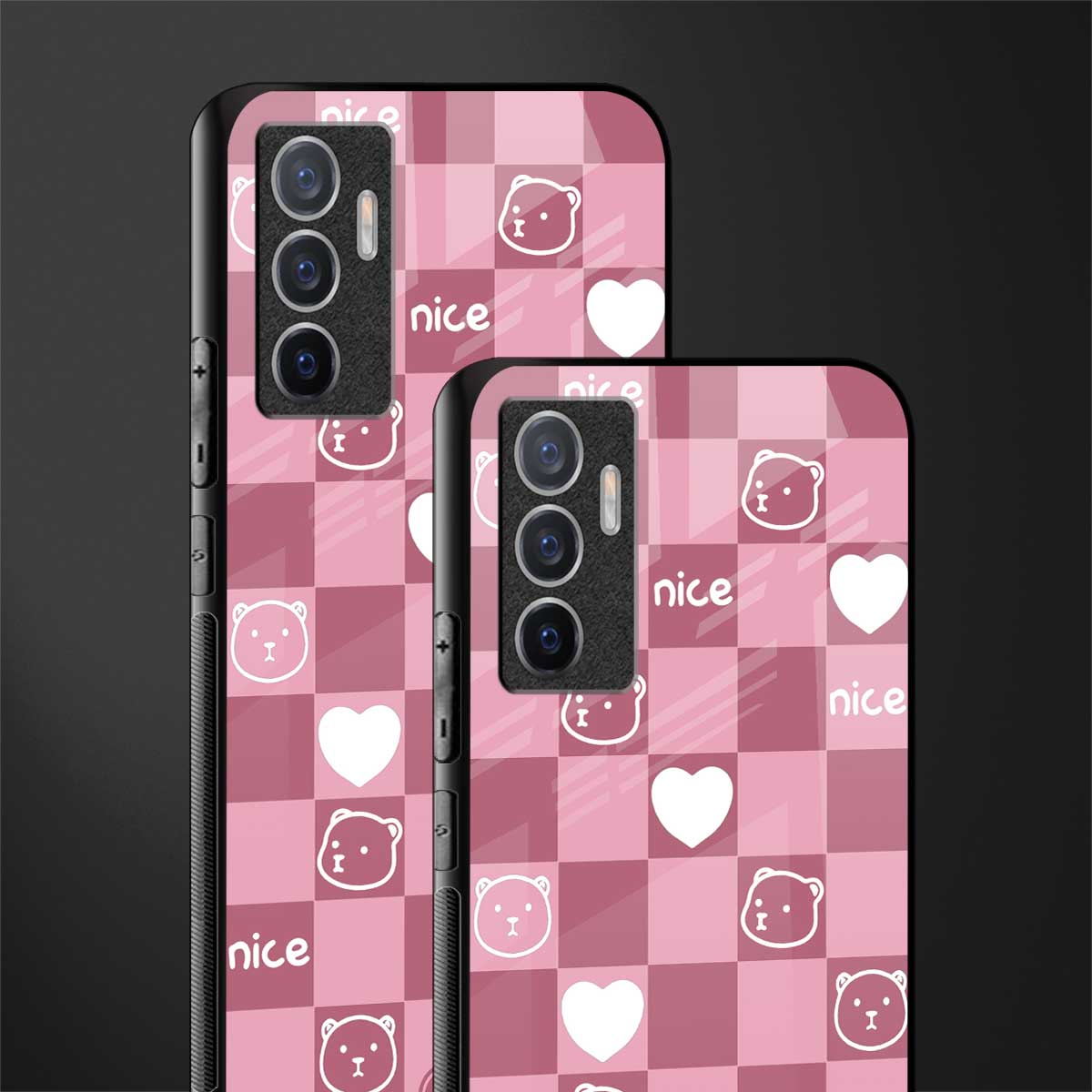 aesthetic bear pattern pink edition glass case for vivo v23e image-2