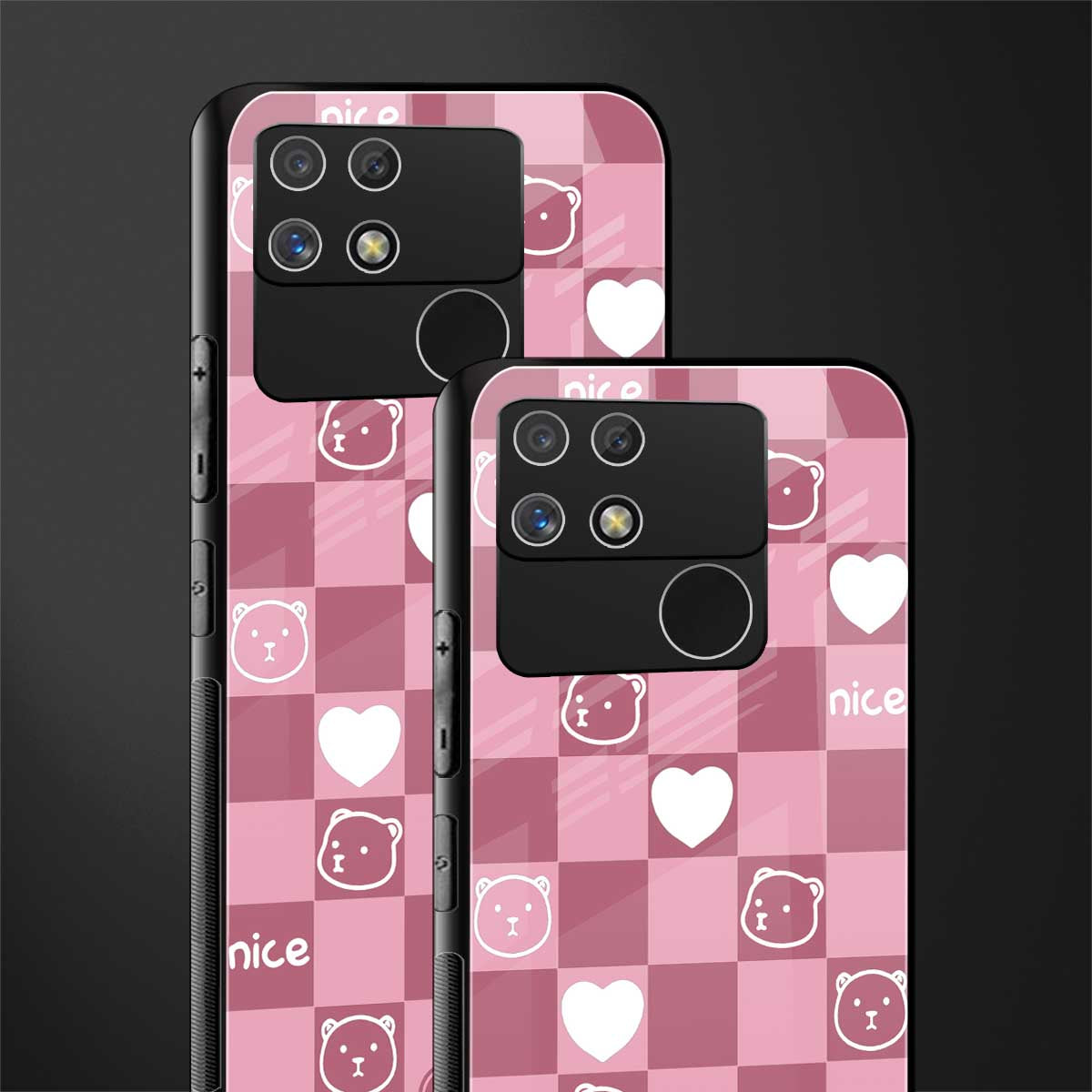 aesthetic bear pattern pink edition back phone cover | glass case for realme narzo 50a