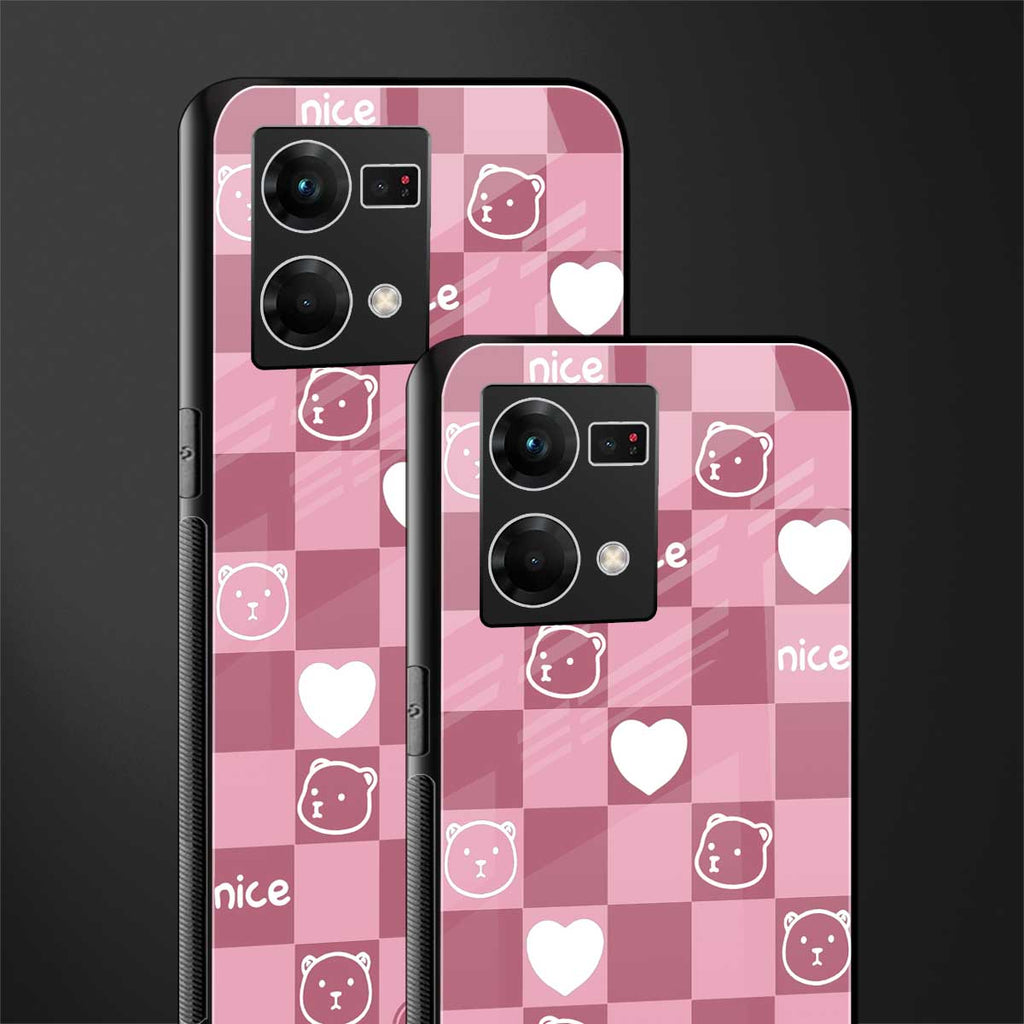 aesthetic bear pattern pink edition back phone cover | glass case for oppo f21 pro 4g