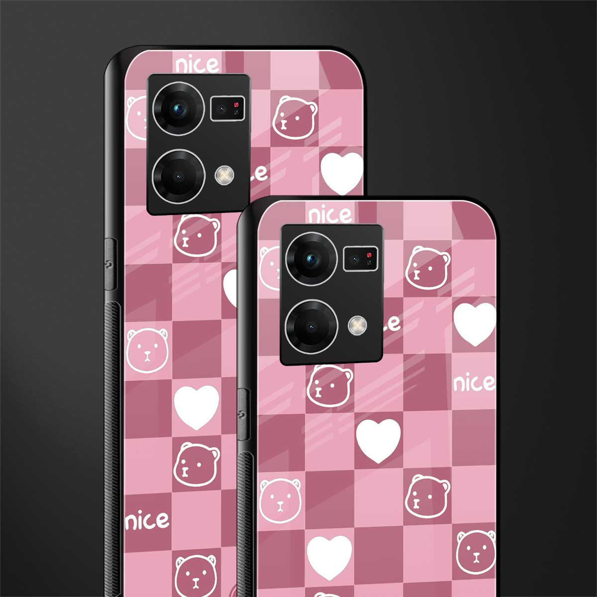aesthetic bear pattern pink edition back phone cover | glass case for oppo f21 pro 4g