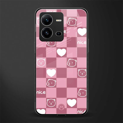 aesthetic bear pattern pink edition back phone cover | glass case for vivo v25-5g