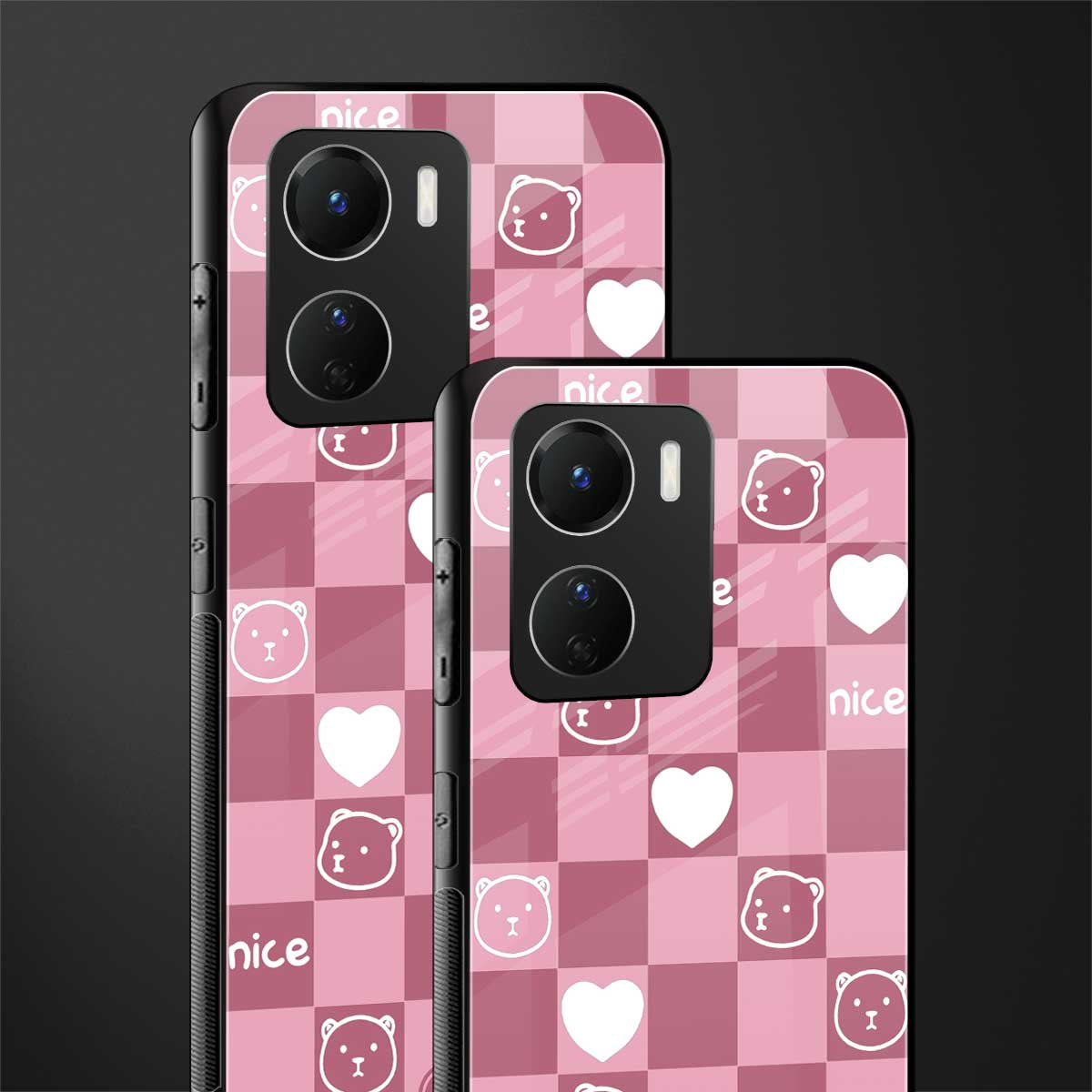 aesthetic bear pattern pink edition back phone cover | glass case for vivo y16