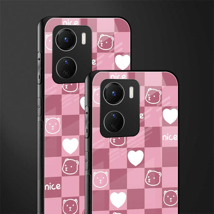 aesthetic bear pattern pink edition back phone cover | glass case for vivo y16