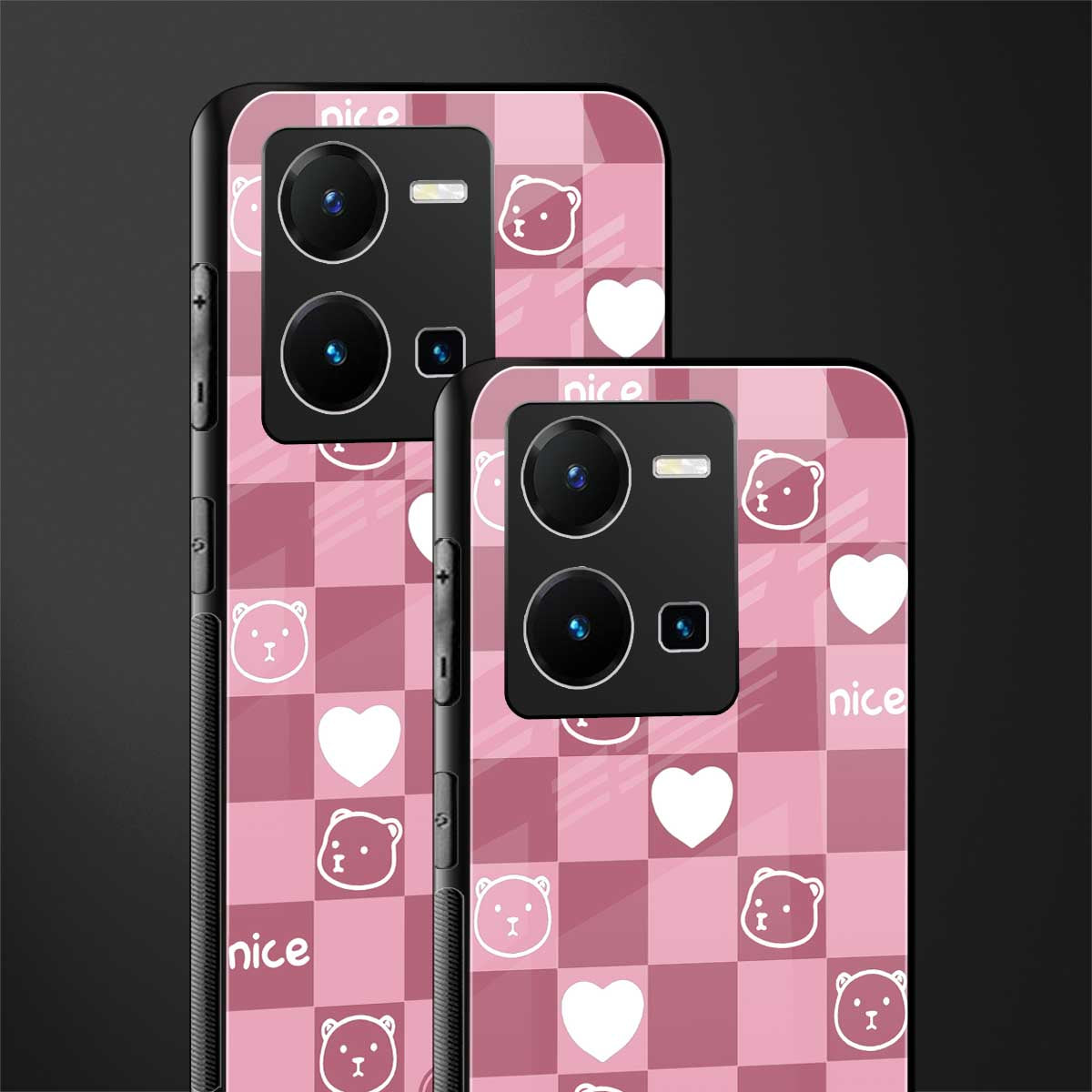 aesthetic bear pattern pink edition back phone cover | glass case for vivo y35 4g