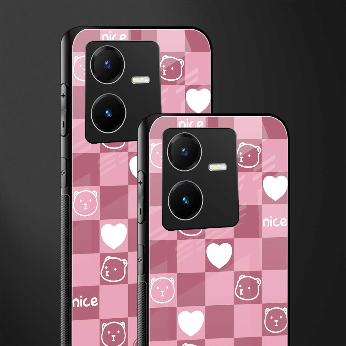 aesthetic bear pattern pink edition back phone cover | glass case for vivo y22