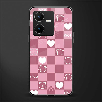 aesthetic bear pattern pink edition back phone cover | glass case for vivo y22