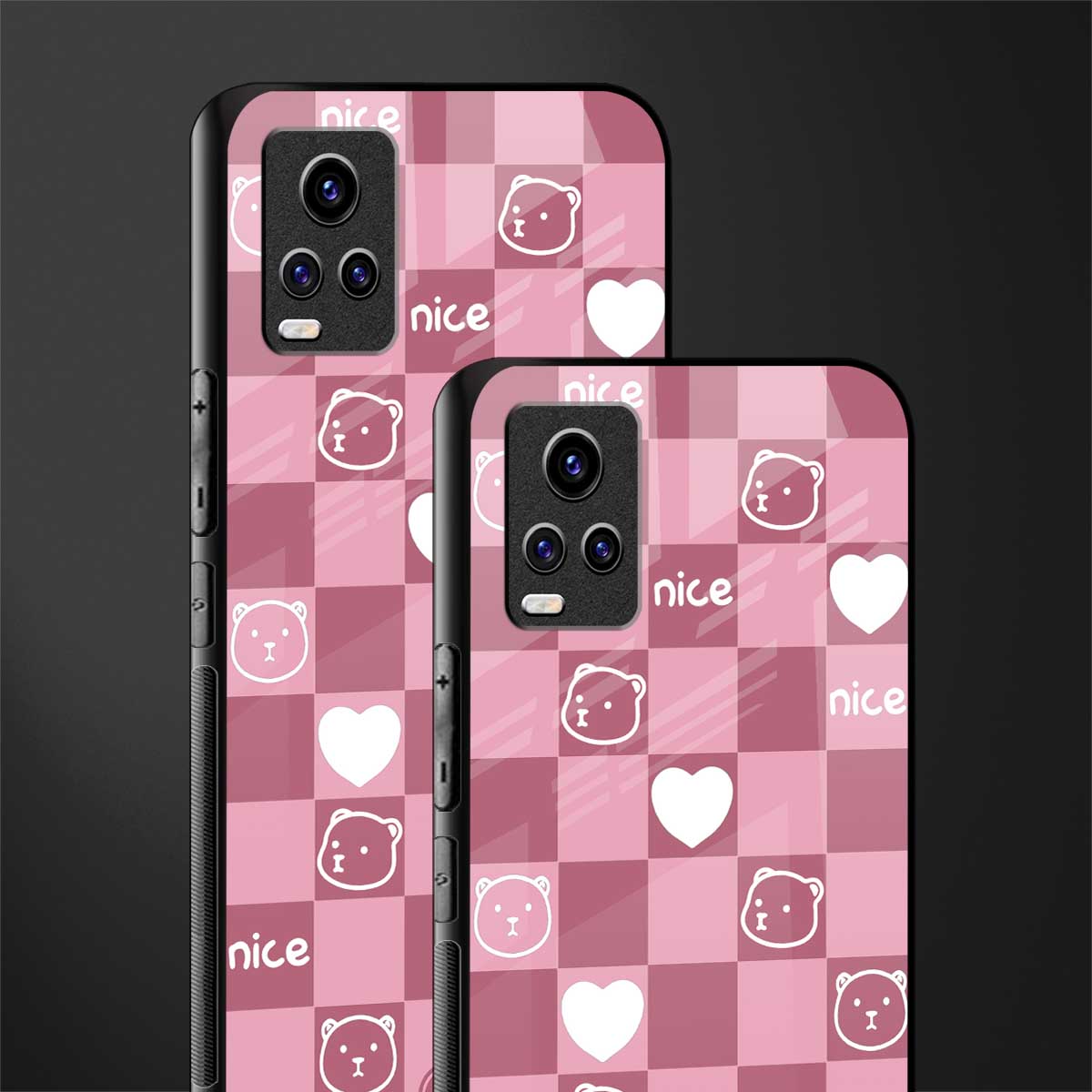 aesthetic bear pattern pink edition back phone cover | glass case for vivo v21e 4g