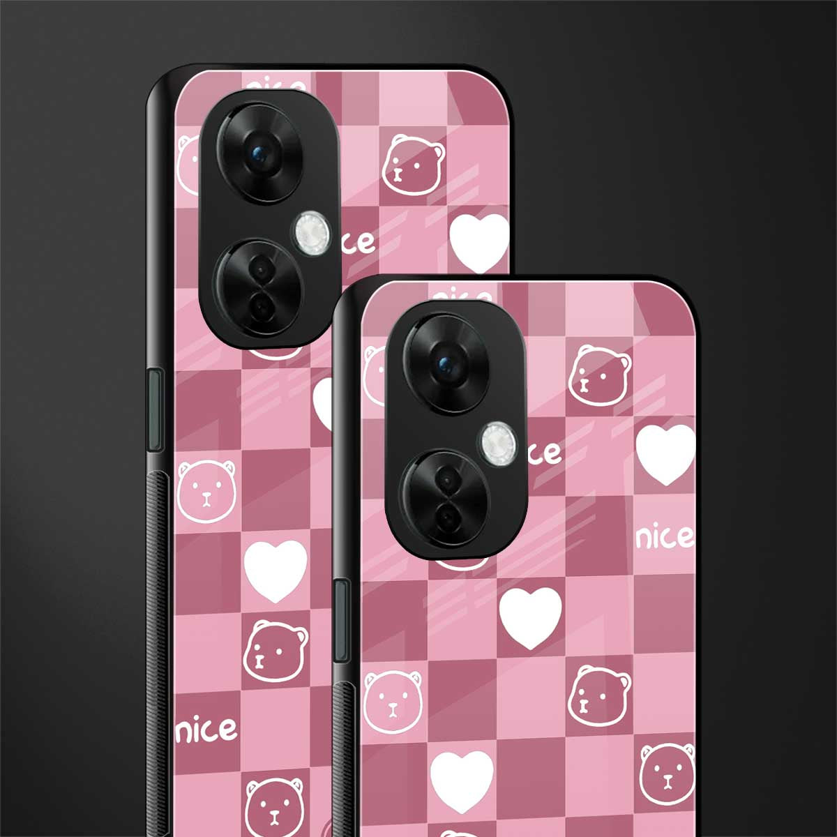 aesthetic bear pattern pink edition back phone cover | glass case for oneplus nord ce 3 lite