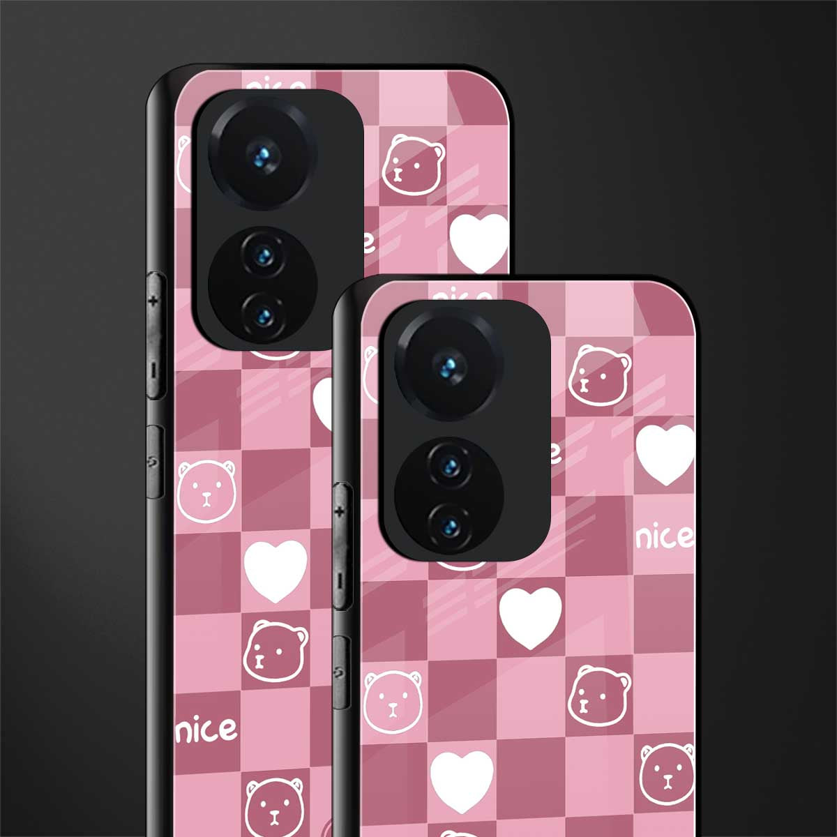 aesthetic bear pattern pink edition back phone cover | glass case for vivo t1 44w 4g