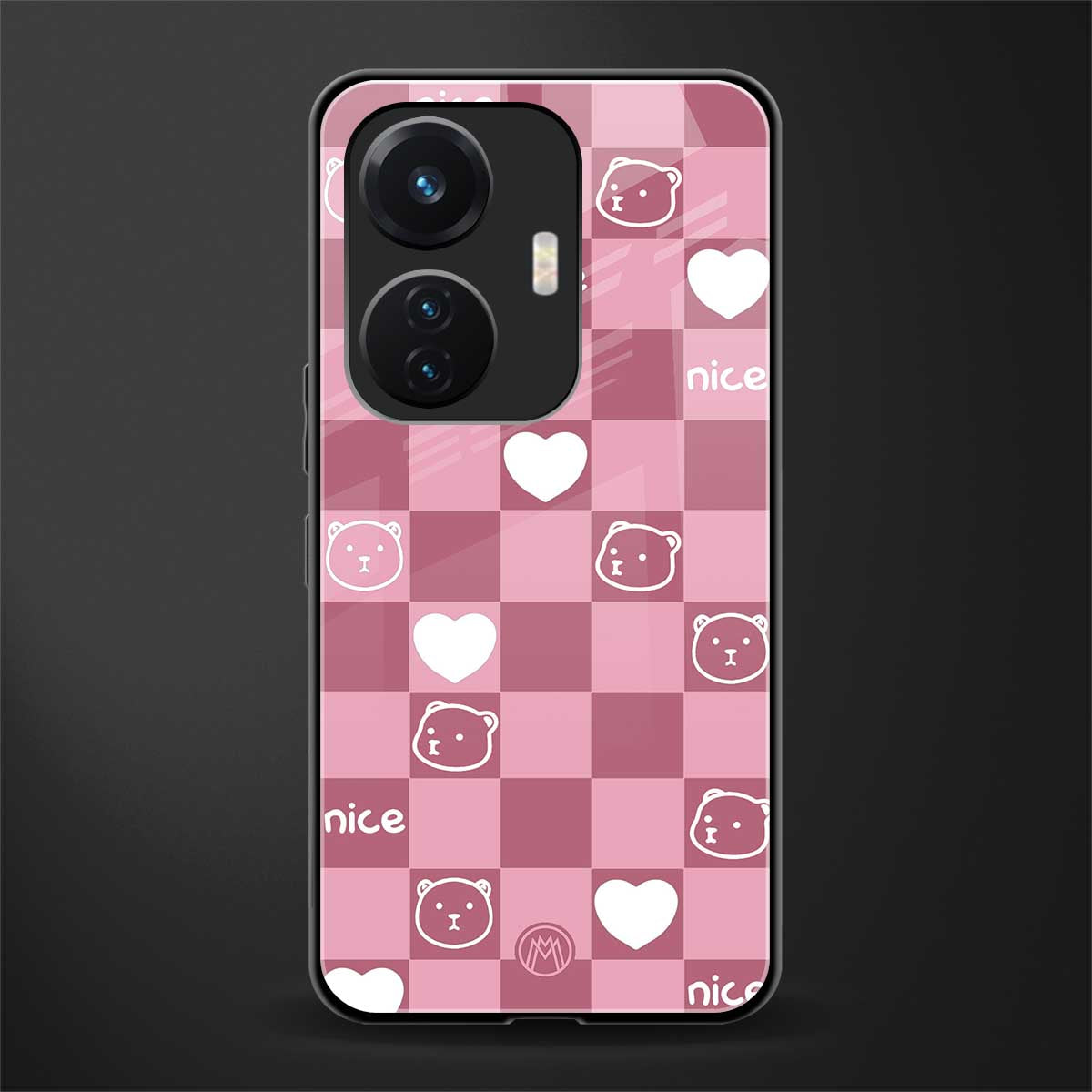 aesthetic bear pattern pink edition back phone cover | glass case for vivo t1 44w 4g
