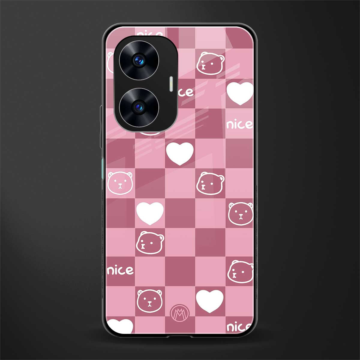 aesthetic bear pattern pink edition back phone cover | glass case for realme c55