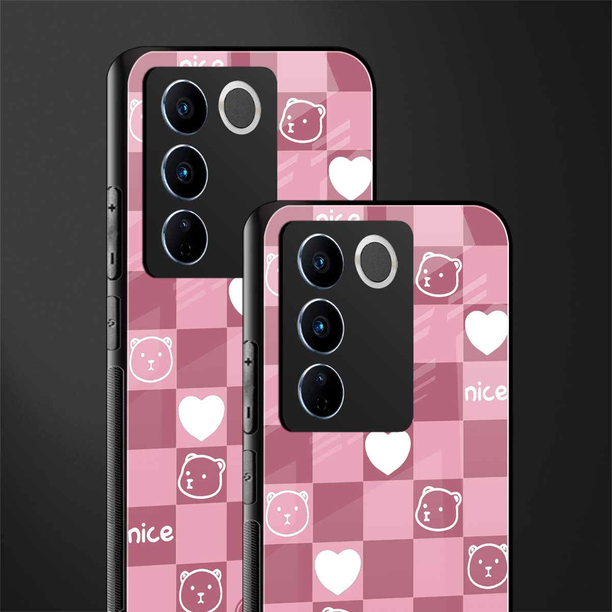 aesthetic bear pattern pink edition back phone cover | glass case for vivo v27 pro 5g