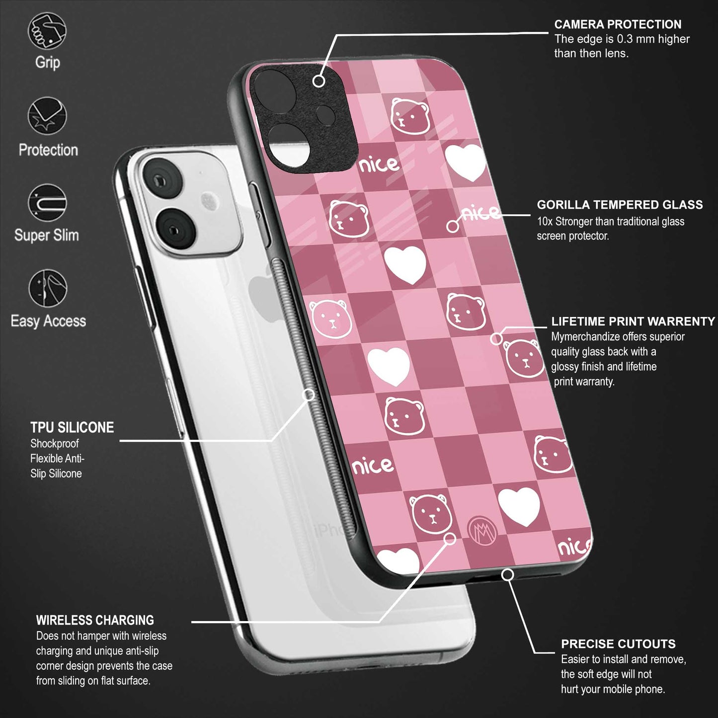 aesthetic bear pattern pink edition back phone cover | glass case for vivo y16