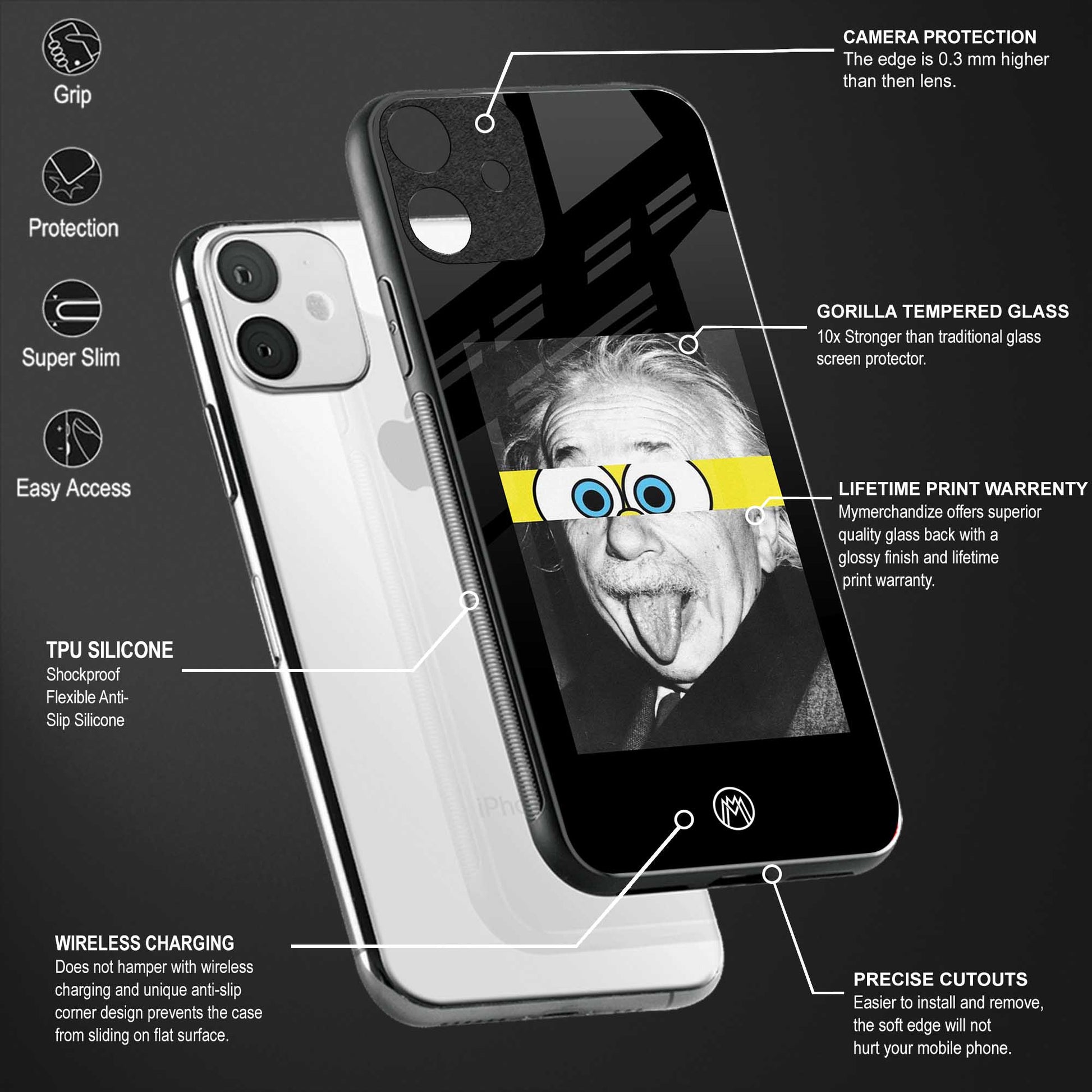 albert einstein spongebob squarepants back phone cover | glass case for vivo t1 44w 4g