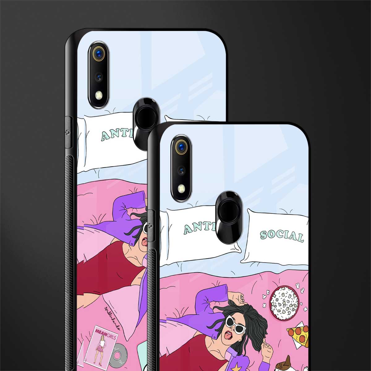 anti social chick girl glass case for realme 3 pro image-2