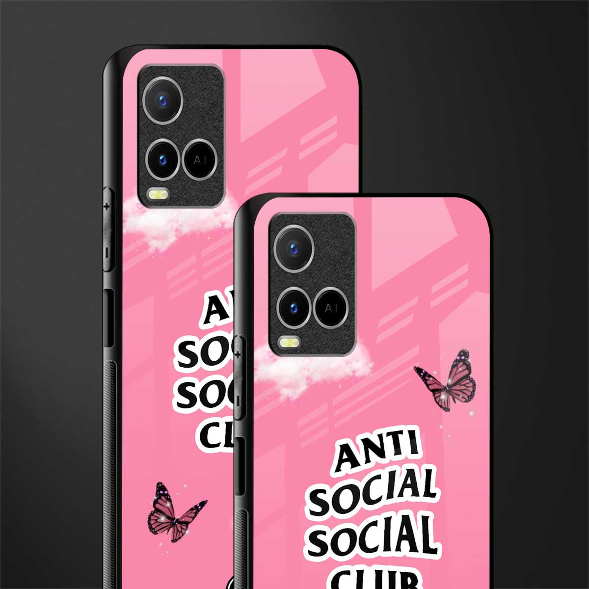 anti social social club pink edition glass case for vivo y21s image-2