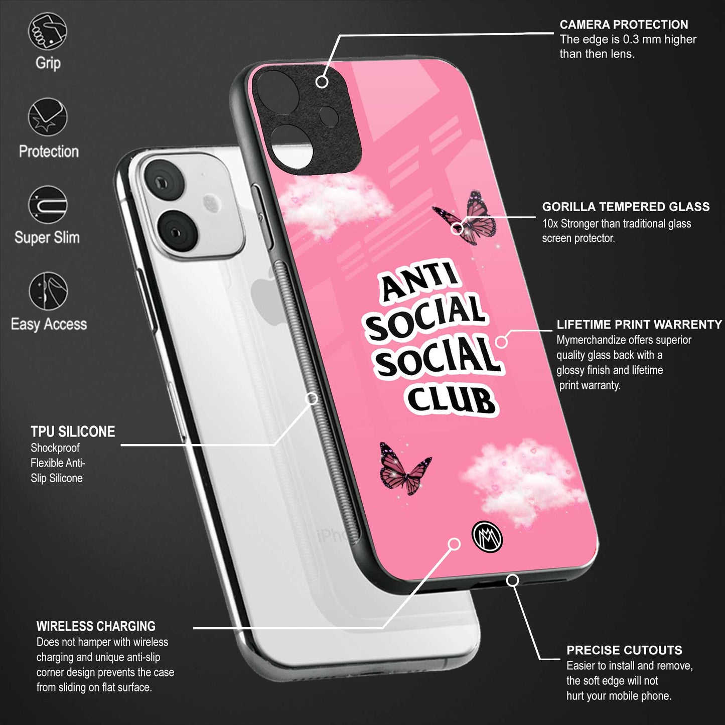 anti social social club pink edition back phone cover | glass case for realme narzo 50a