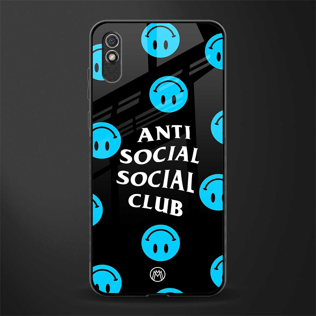 anti social social club x smileys glass case for redmi 9i image