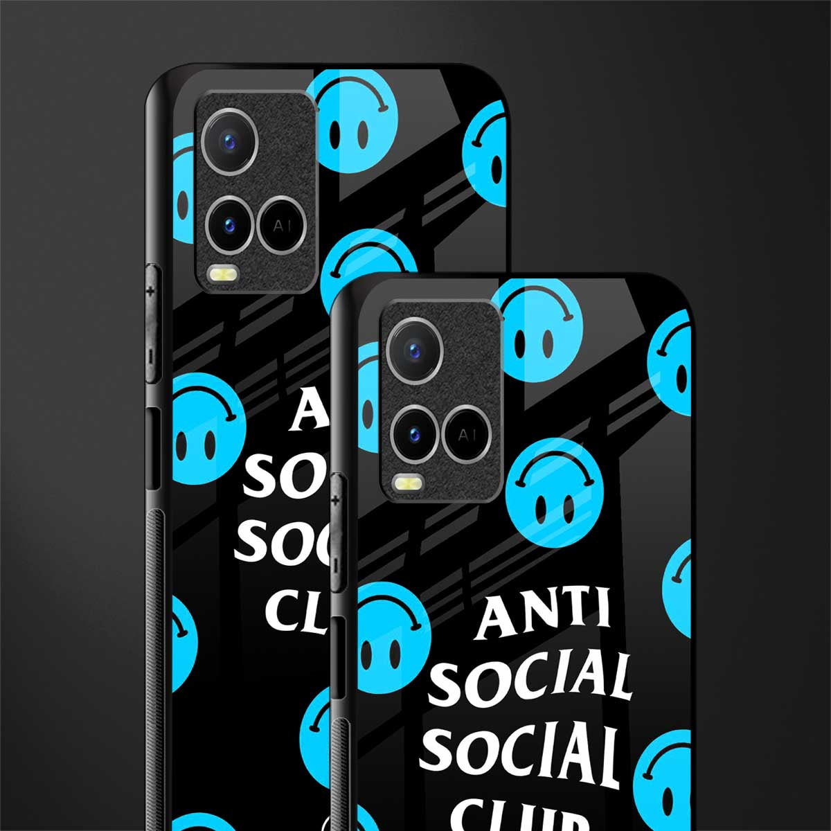 anti social social club x smileys glass case for vivo y21s image-2