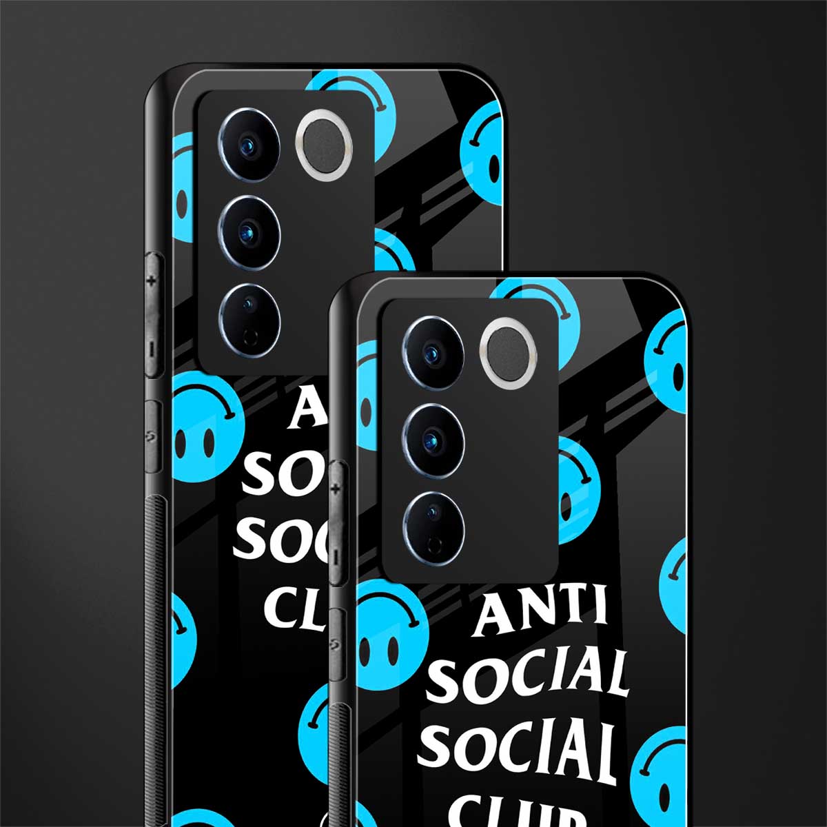 anti social social club x smileys back phone cover | glass case for vivo v27 pro 5g