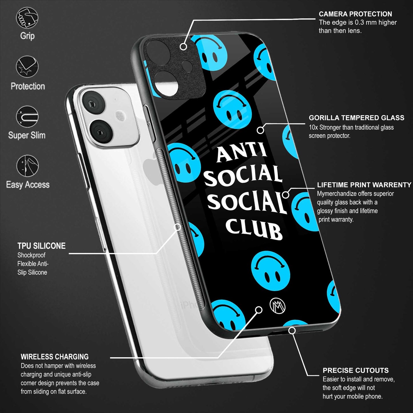 anti social social club x smileys glass case for realme c12 image-4