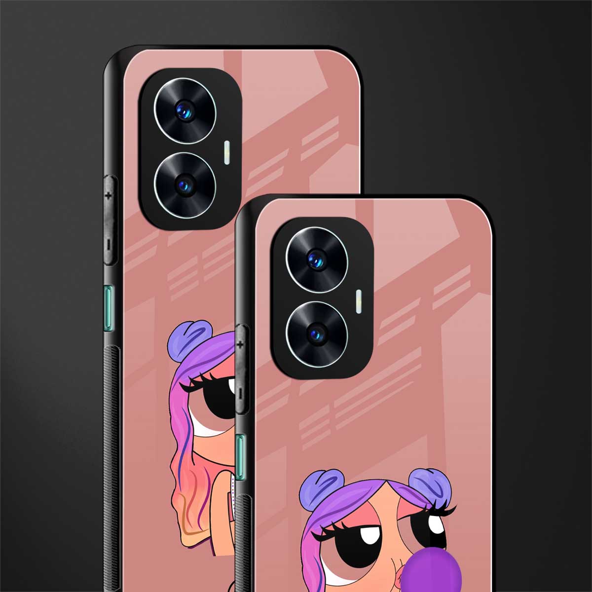antique purple tote powerpuff girl back phone cover | glass case for realme c55
