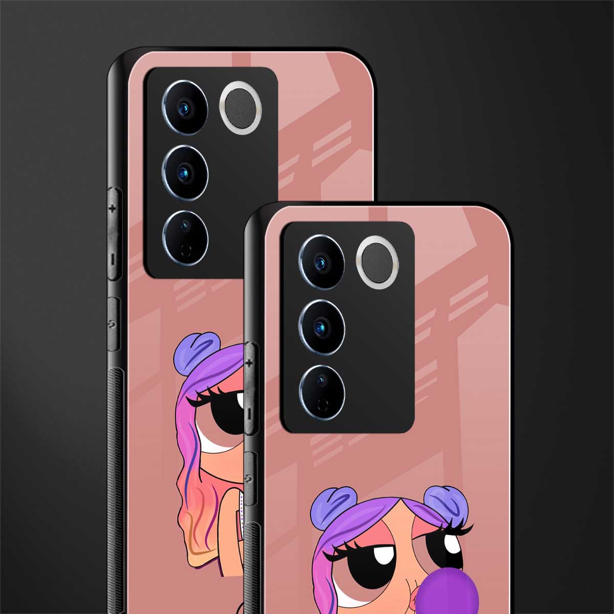 antique purple tote powerpuff girl back phone cover | glass case for vivo v27 pro 5g