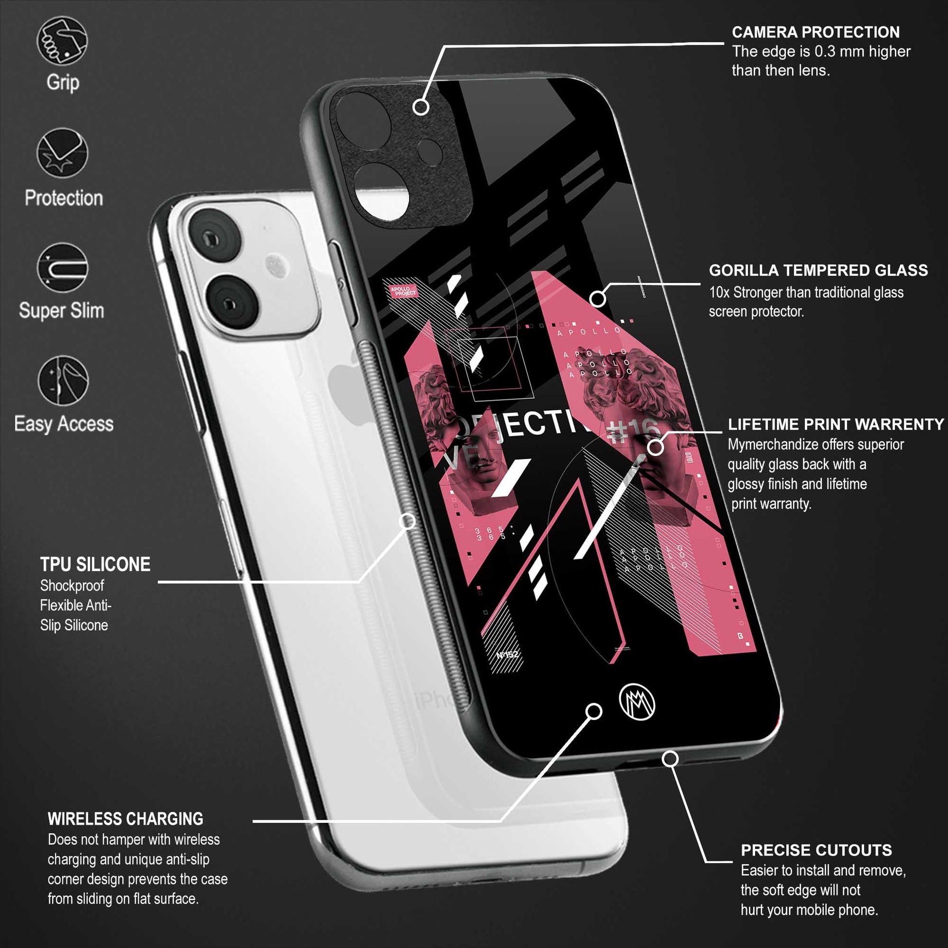 apollo project aesthetic pink and black back phone cover | glass case for vivo t1 44w 4g