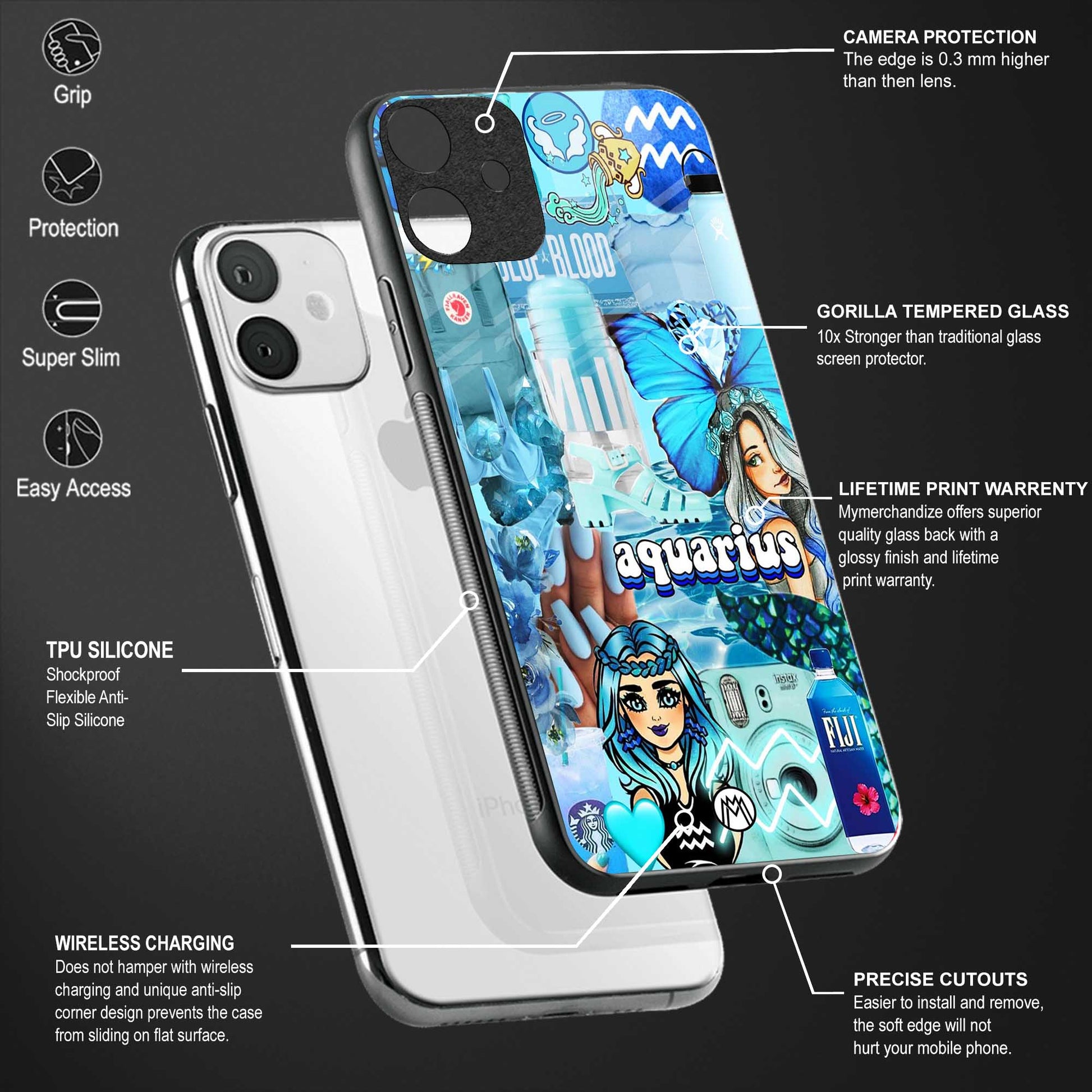 aquarius aesthetic collage back phone cover | glass case for vivo v25-5g