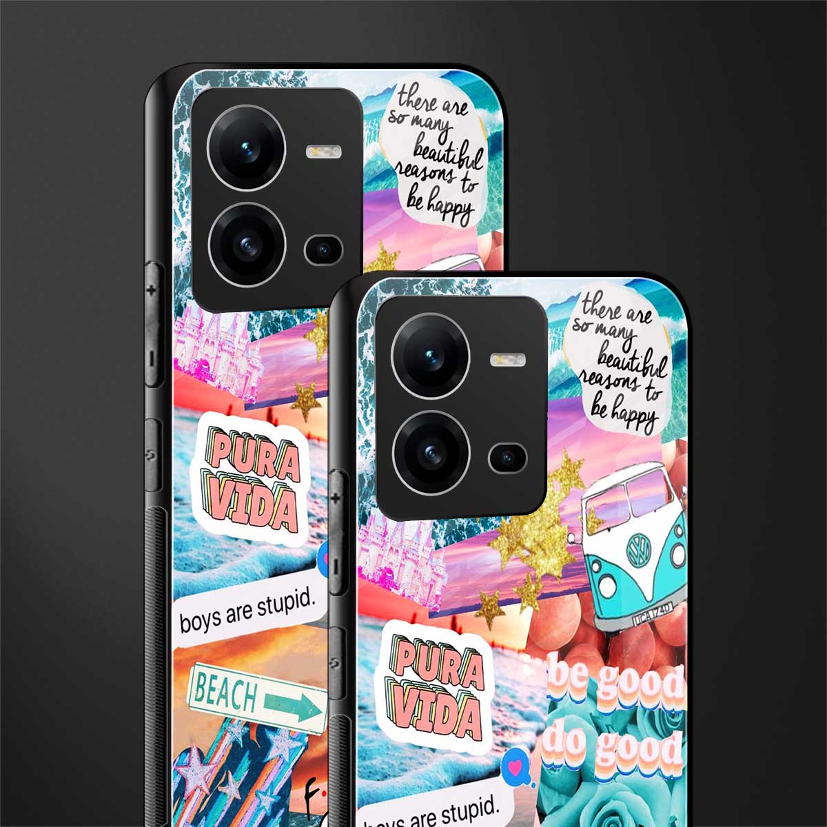 beach vibes collage back phone cover | glass case for vivo v25-5g