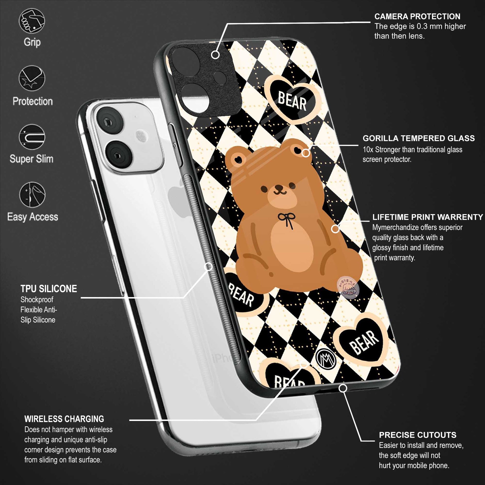 bear uniform pattern back phone cover | glass case for vivo t1 44w 4g