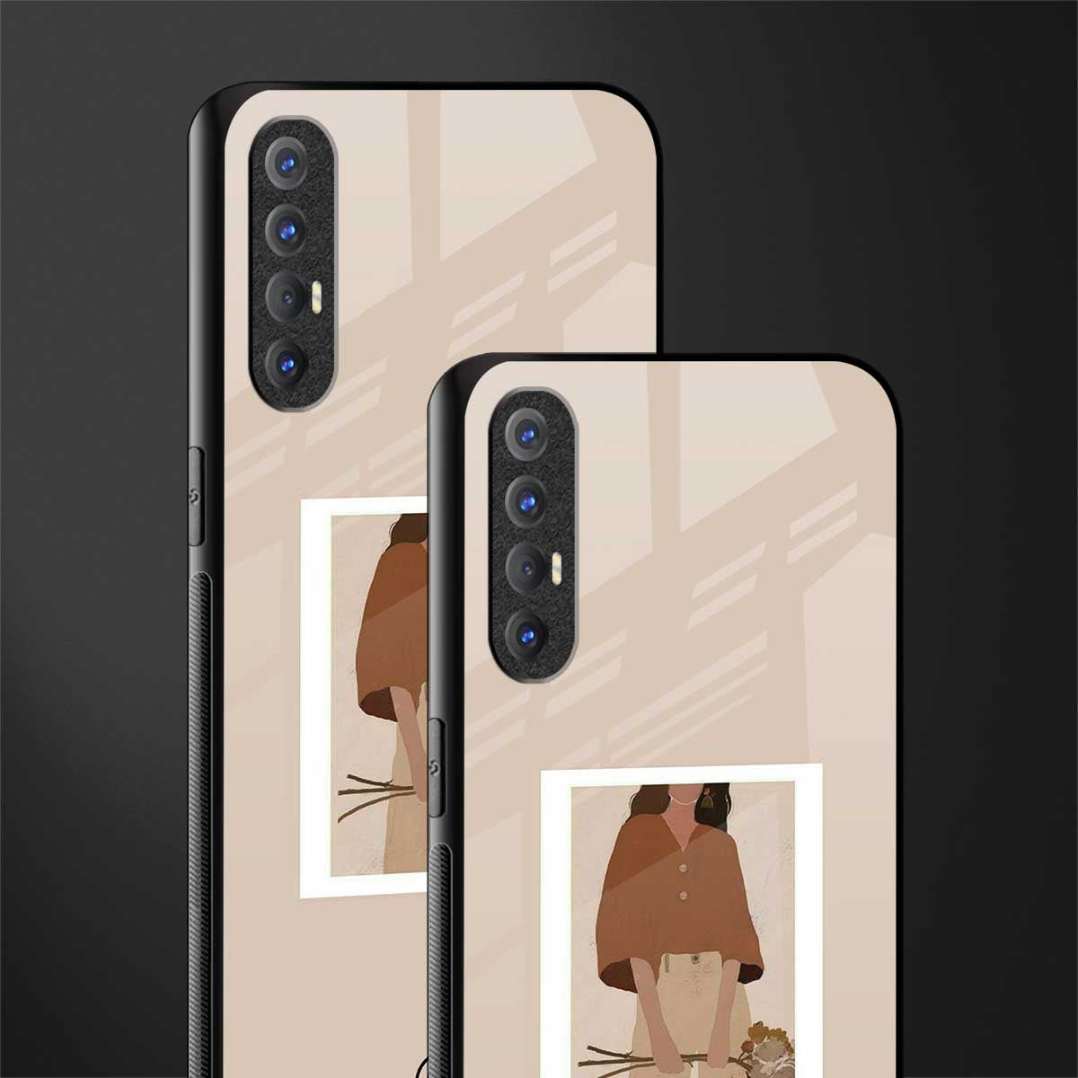 beige brown young lady art glass case for oppo reno 3 pro