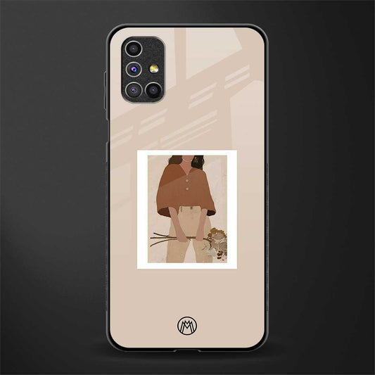 beige brown young lady art glass case for samsung galaxy m51