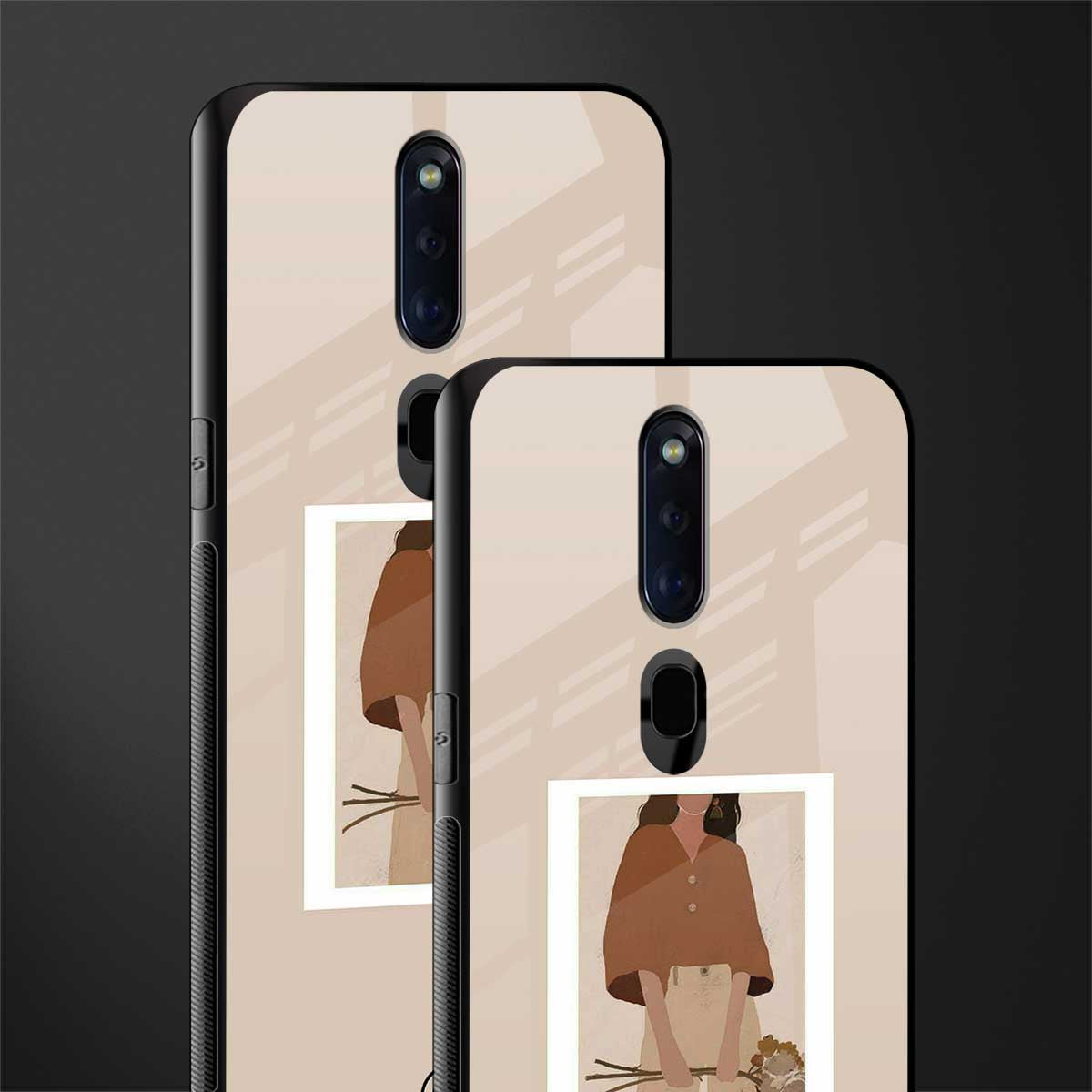 beige brown young lady art glass case for oppo f11 pro