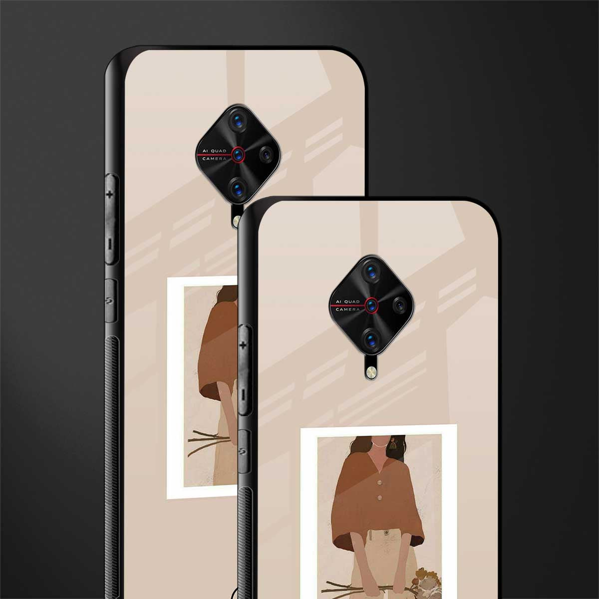 beige brown young lady art glass case for vivo s1 pro