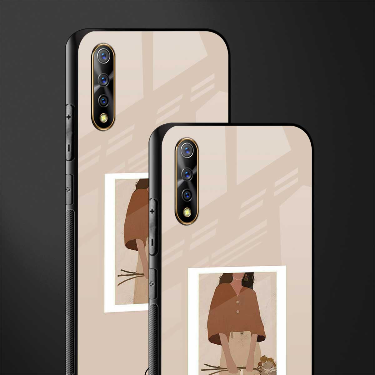 beige brown young lady art glass case for vivo s1