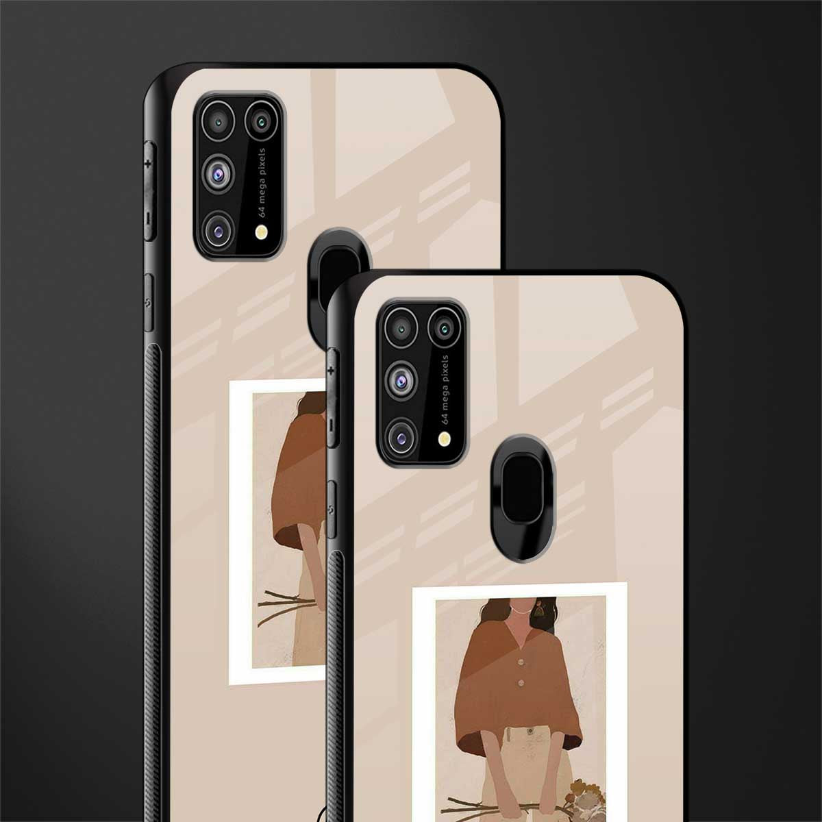 beige brown young lady art glass case for samsung galaxy m31 prime edition