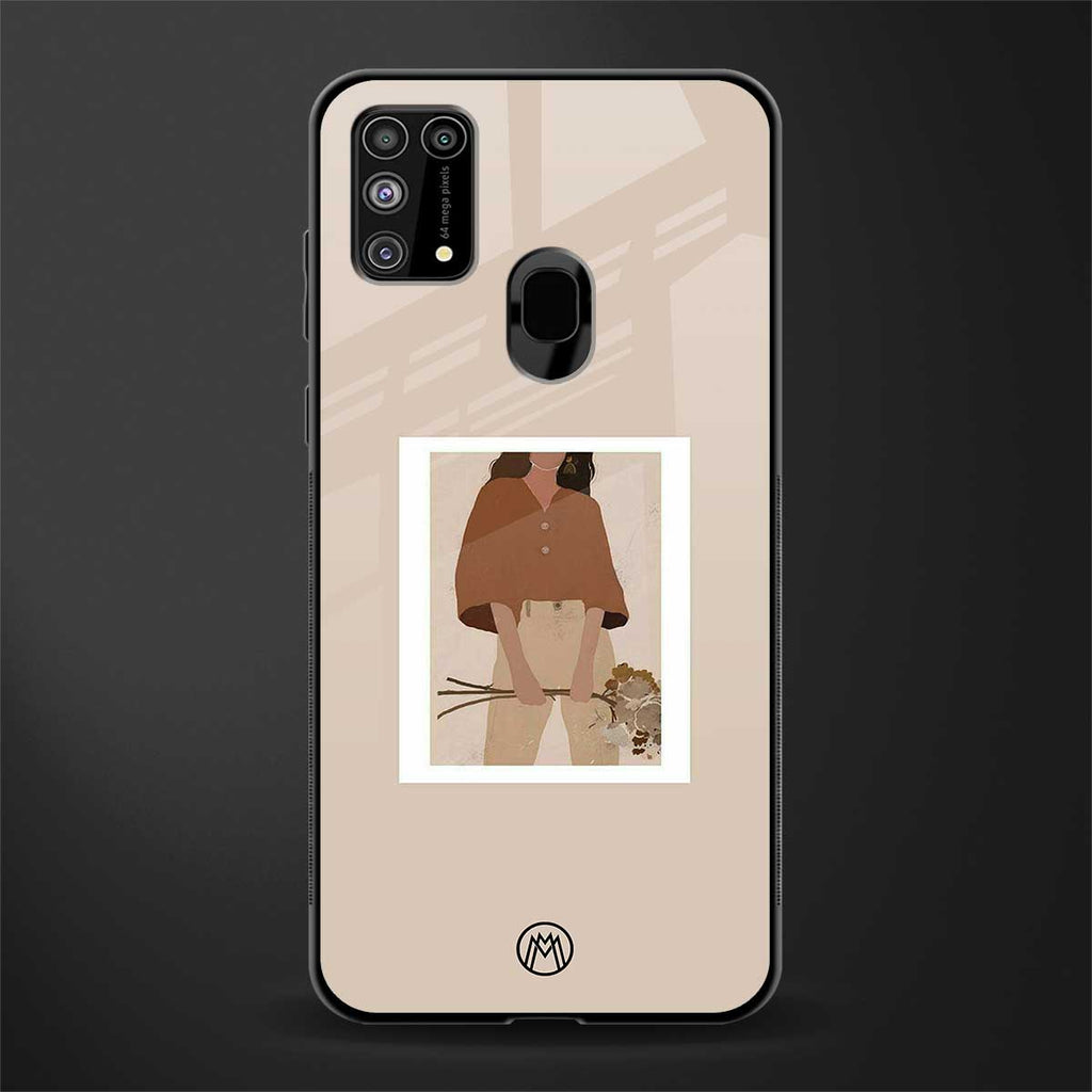 beige brown young lady art glass case for samsung galaxy m31 prime edition