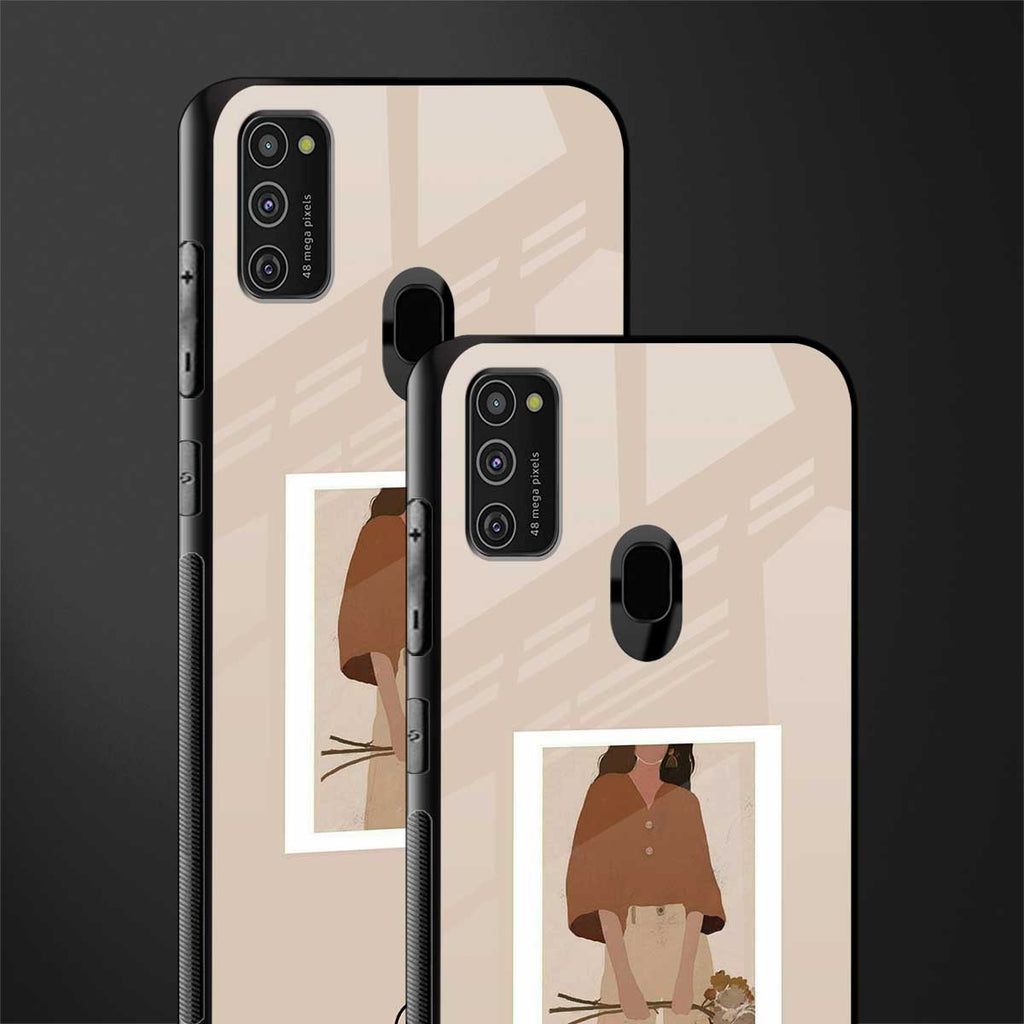 beige brown young lady art glass case for samsung galaxy m21