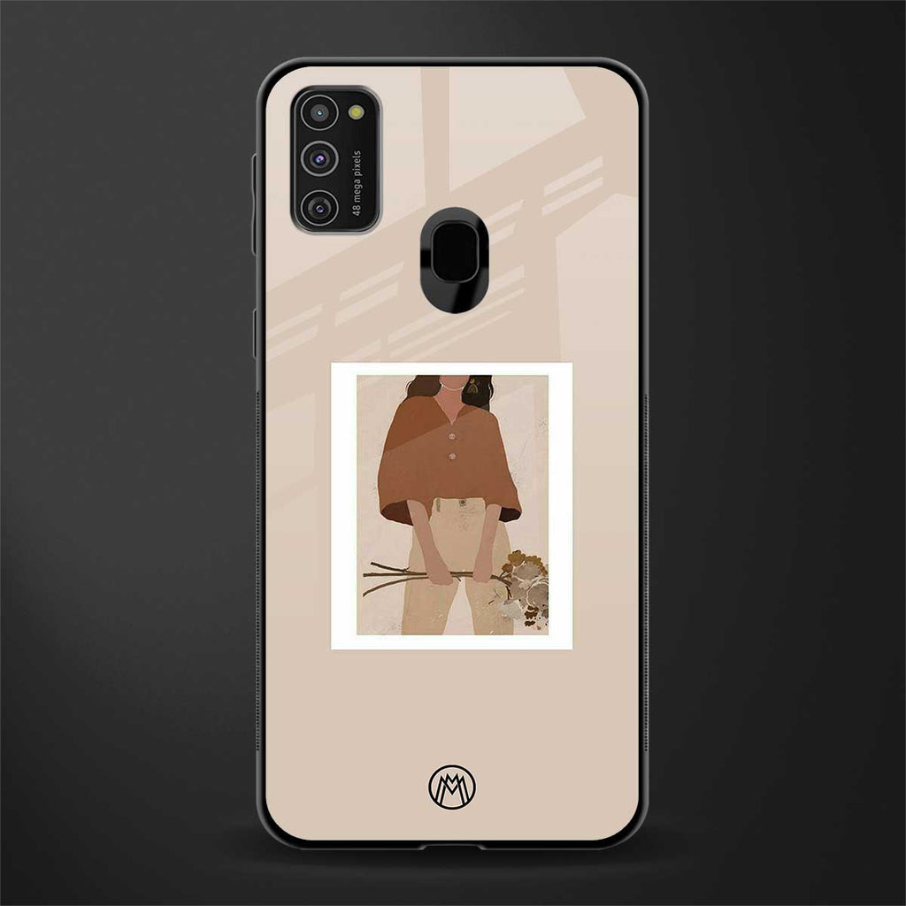beige brown young lady art glass case for samsung galaxy m21