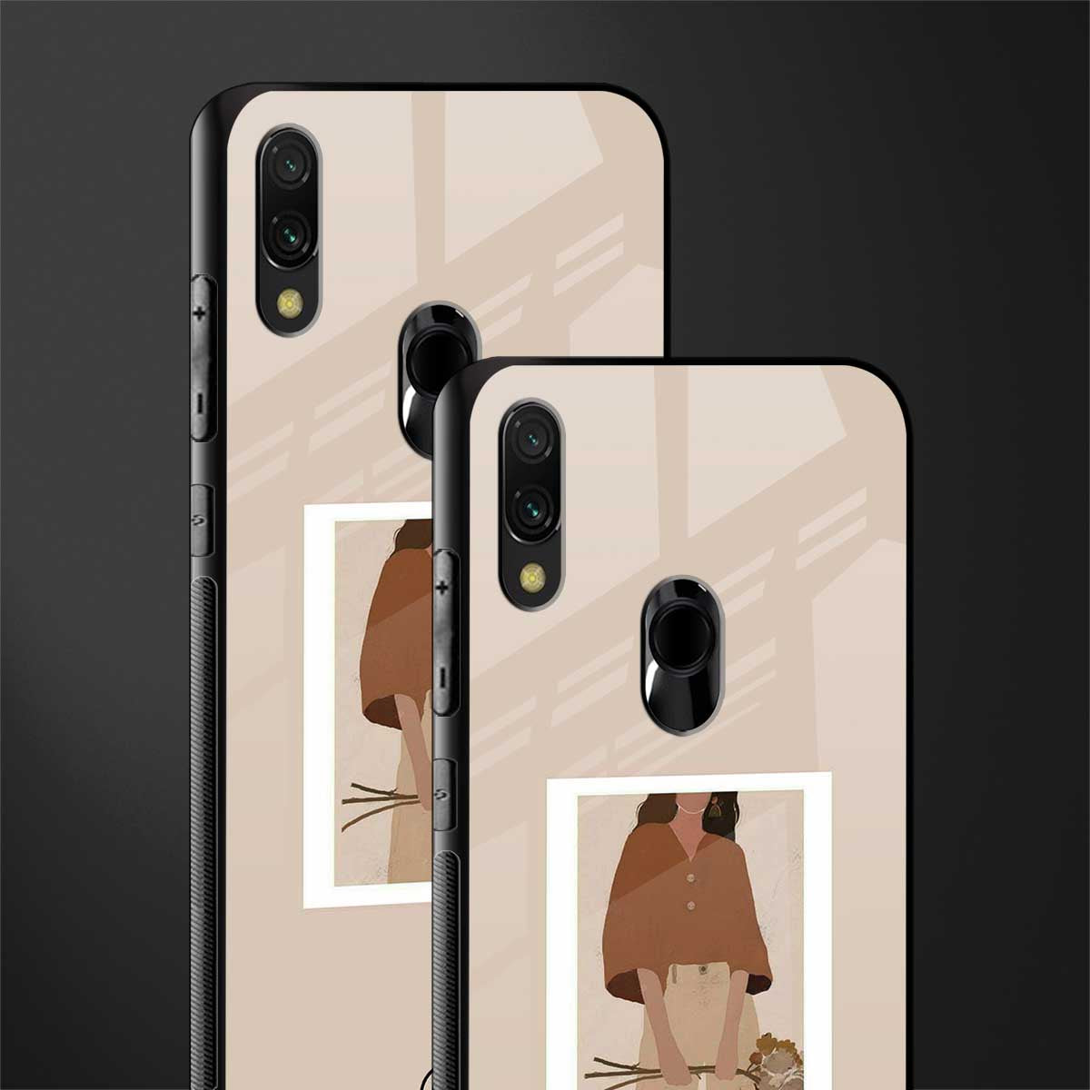 beige brown young lady art glass case for redmi 7redmi y3