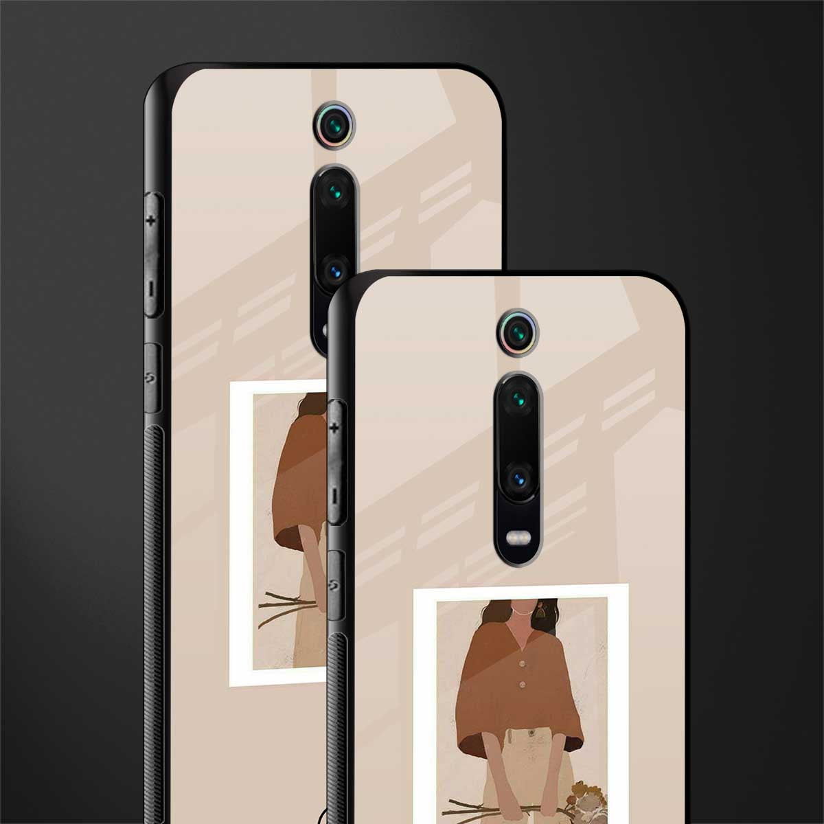 beige brown young lady art glass case for redmi k20