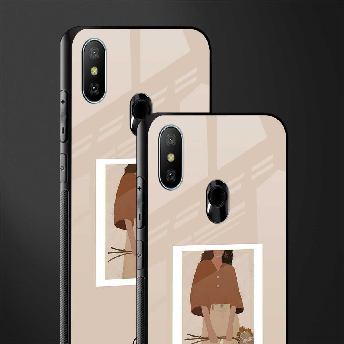 beige brown young lady art glass case for redmi 6 pro