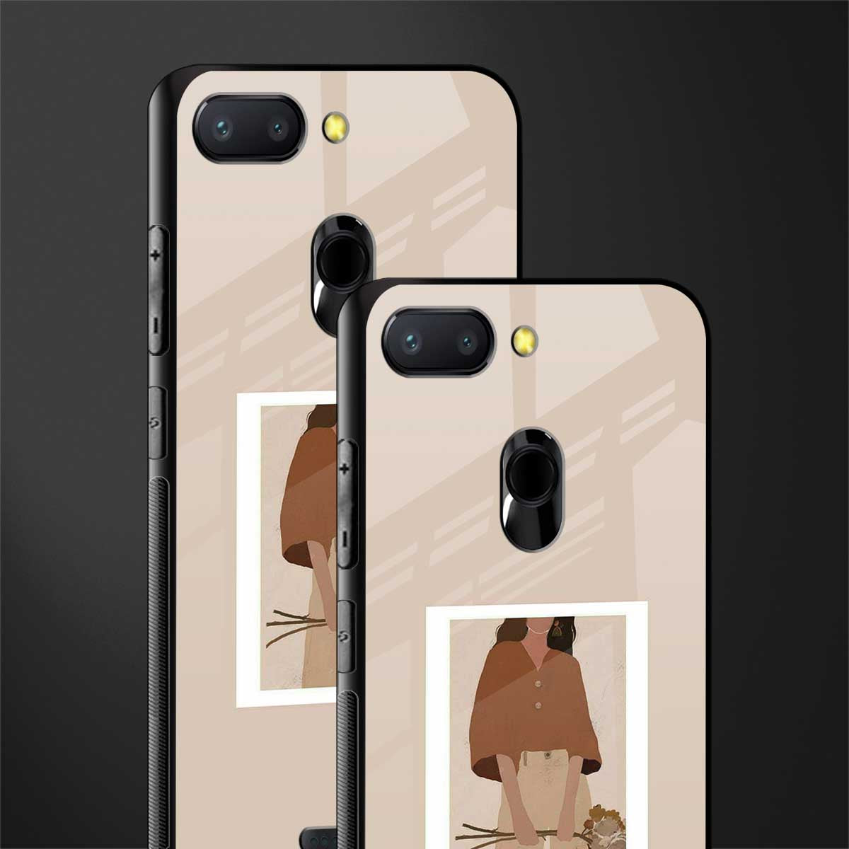 beige brown young lady art glass case for redmi 6