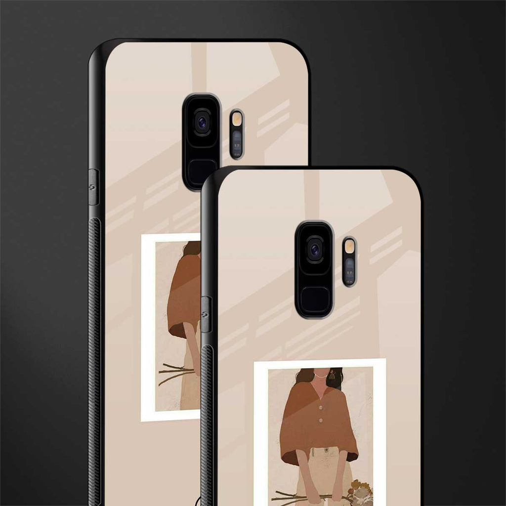 beige brown young lady art glass case for samsung galaxy s9