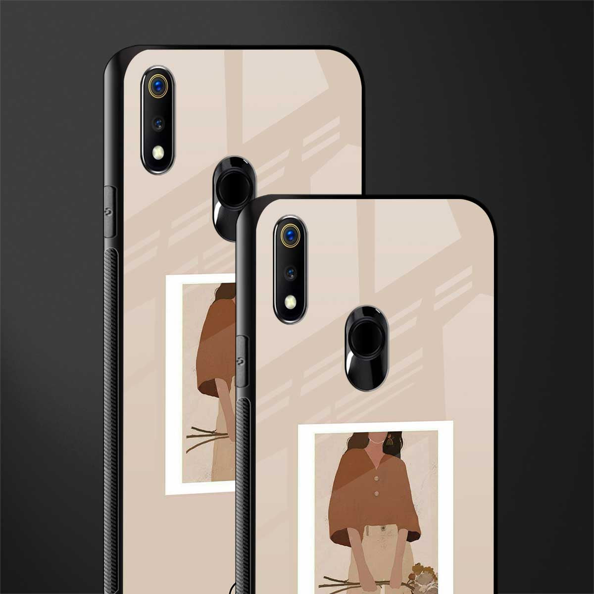 beige brown young lady art glass case for realme 3 pro