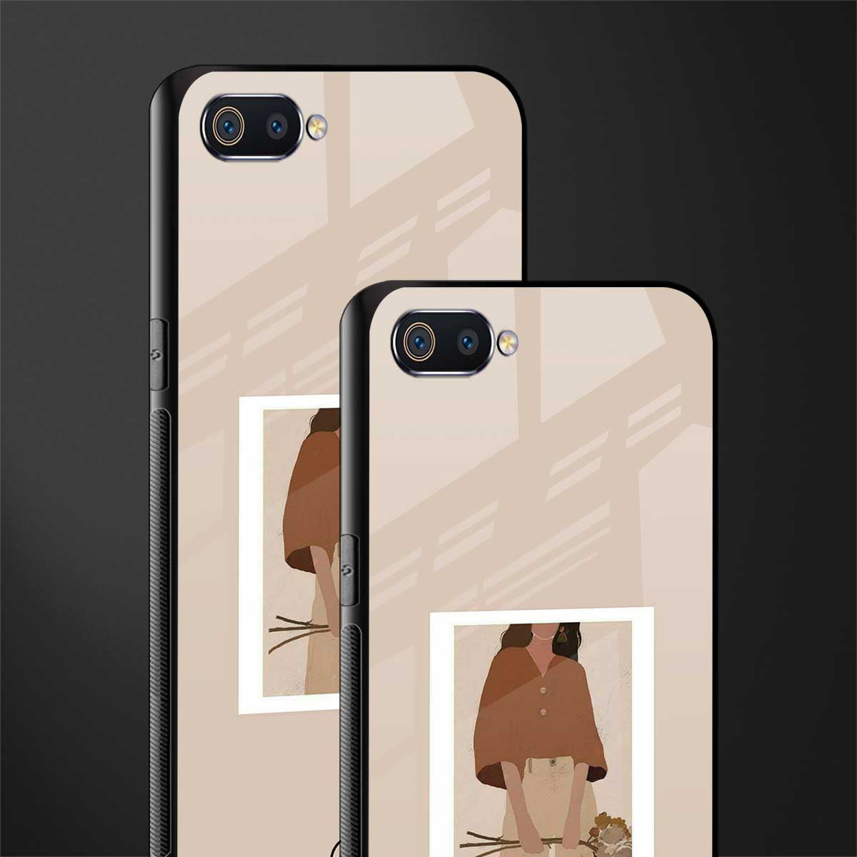 beige brown young lady art glass case for realme c2