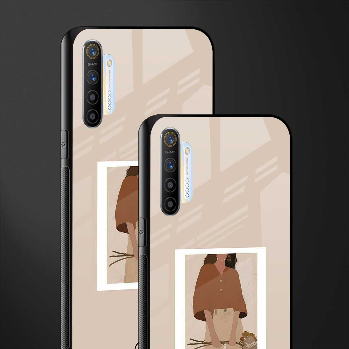 beige brown young lady art glass case for realme xt