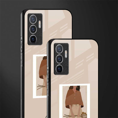 beige brown young lady art glass case for vivo v23e